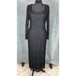 Bebe Black Lace Bodycon Midi Dress Size Large Long Sleeve Goth Long Sleeve Y2K